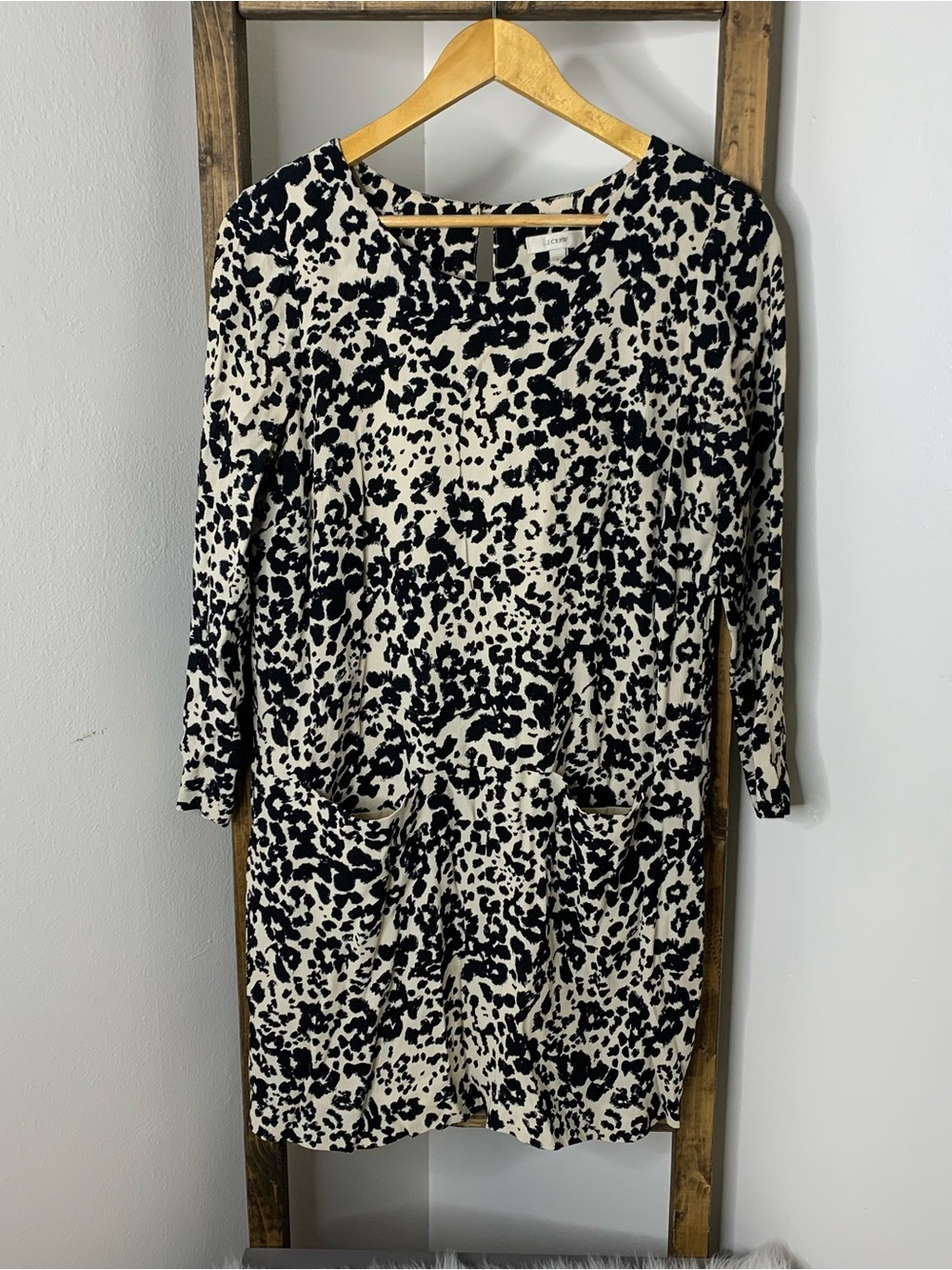 J. Crew Black and White Long Sleeve Leopard Printed Shift Dress Size 6